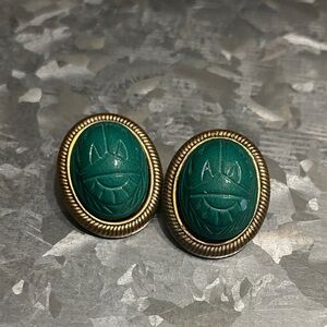 Green Scarab Oval Earrings with Gold-Tone Frame